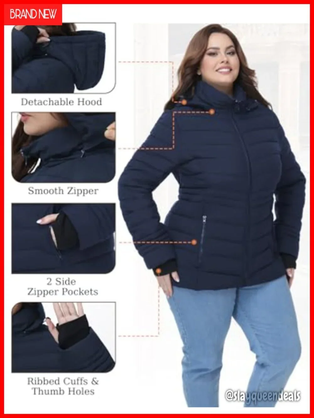 Plus Size Puffer Jacket, Lightweight Hooded Winter Coat 1X-6X